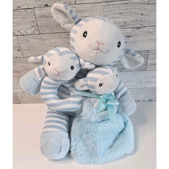 Kellytoy Lovey Blue White Stripes Lamb Baby Rattle Kellybaby 3 pc Knit P… - Picture 1 of 16